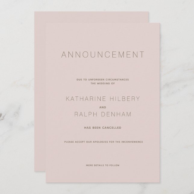 Modern Pink Wedding Cancellation Announcement (Front/Back)