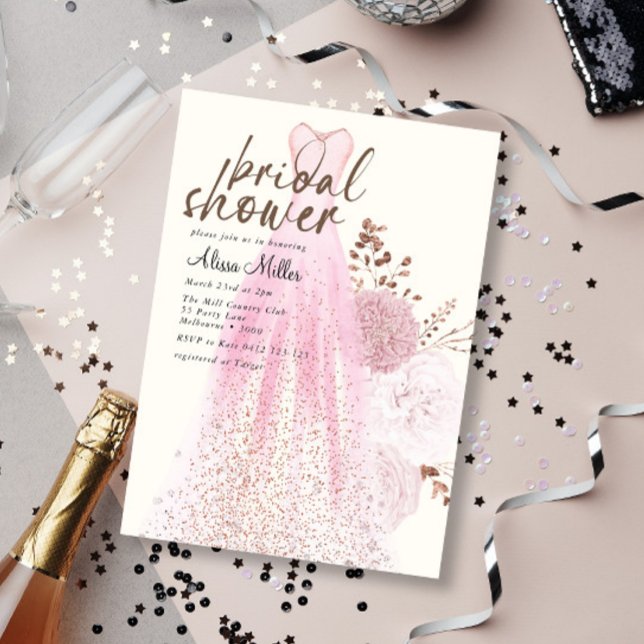 Modern Pink Wedding Dress Bridal Shower Invitation (Creator Uploaded)