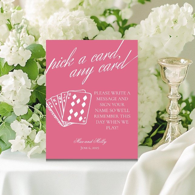 Modern Pink Wedding Playing Cards Pedestal Sign (Add a fun touch to your wedding or event with this modern serif playing cards guest book sign.)
