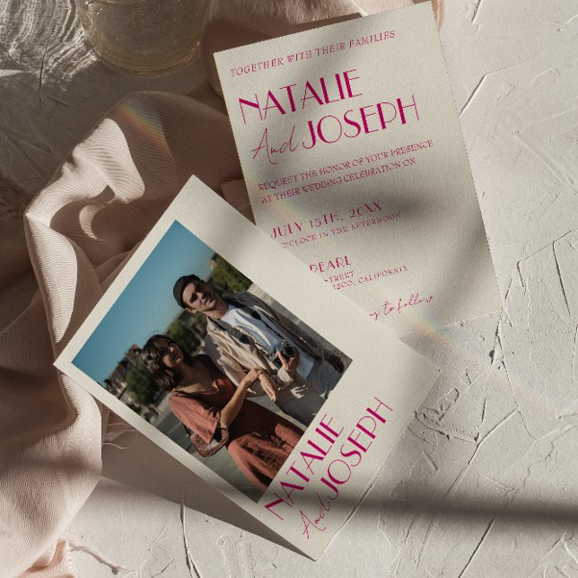Modern Pink Whimsical French Retro Photo Wedding Invitation (Creator Uploaded)