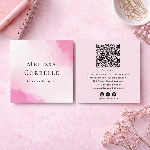 Modern Pink & White Abstract Watercolor QR Code Square Business Card