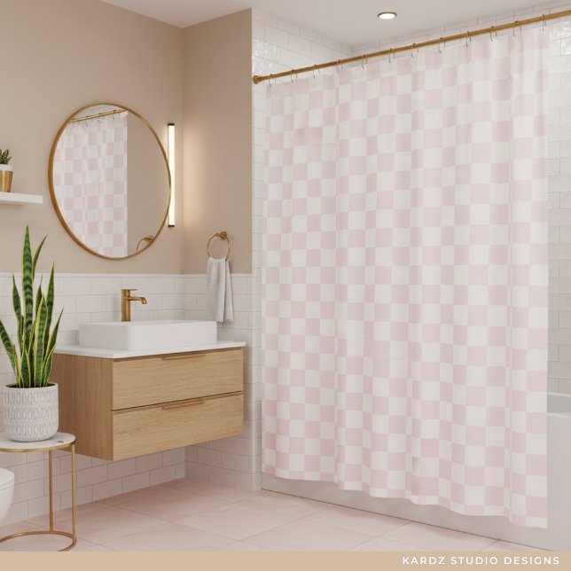 Modern Pink White Checkered Pattern Shower Curtain (Creator Uploaded)