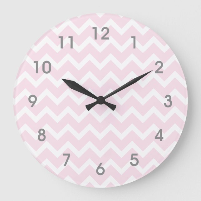 Modern Pink & White Chevron Clock - gray numbers (Front)