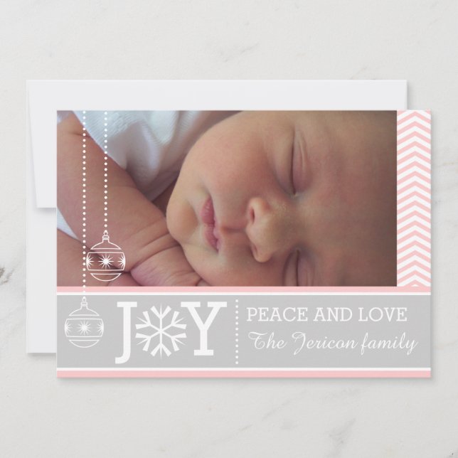 Modern pink, white chevron grey Christmas holiday Card (Front)