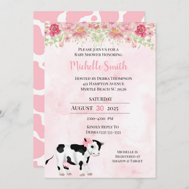  Modern Pink White Cow Print Baby Shower Invitation (Front/Back)