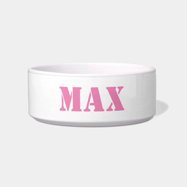 Modern pink white custom name dog cat Bowl (Front)