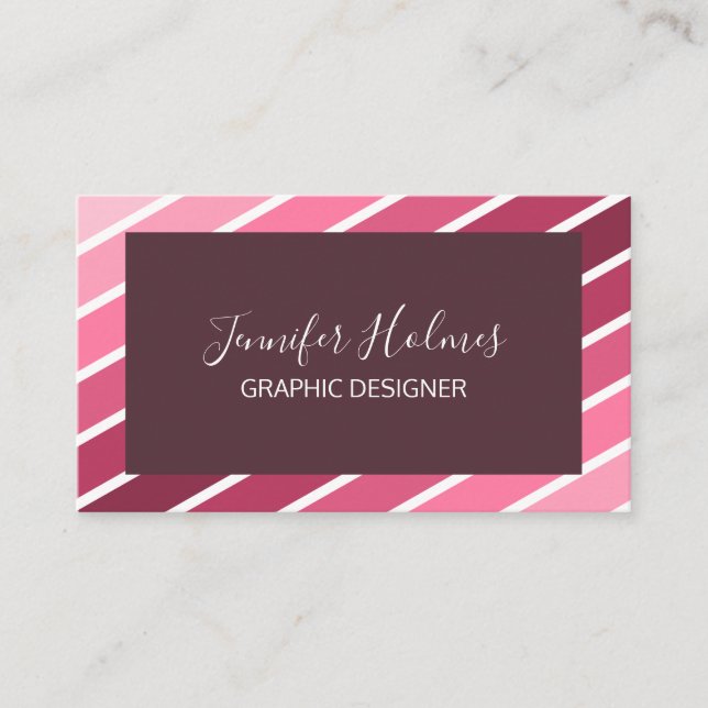 Modern Pink White Diagonal Stripes Business Card (Front)