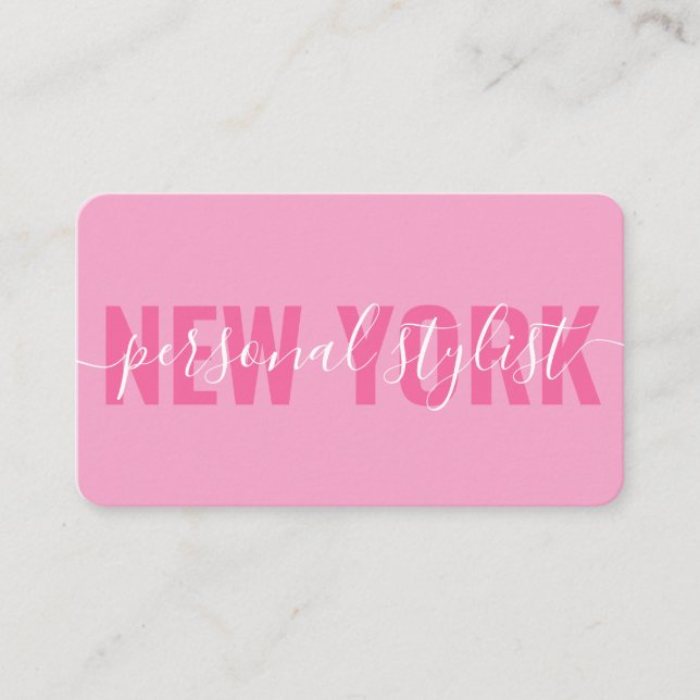 Modern pink white fashion stylist script signature business card (Front)