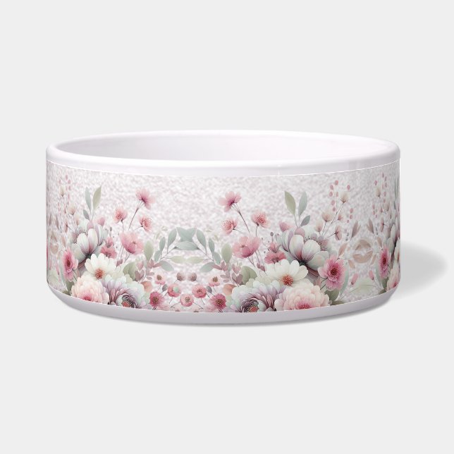 Modern Pink White Floral Ceramic Pet Bowl (Left)