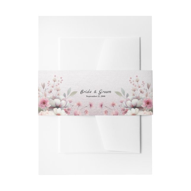 Modern Pink White Floral Invitation Belly Band (Front Example)