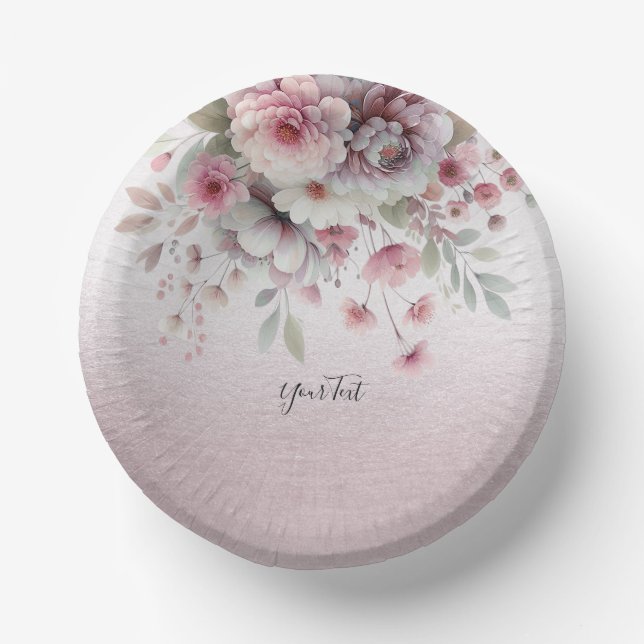 Modern Pink White Floral Paper Bowl Paper Plate (Front)