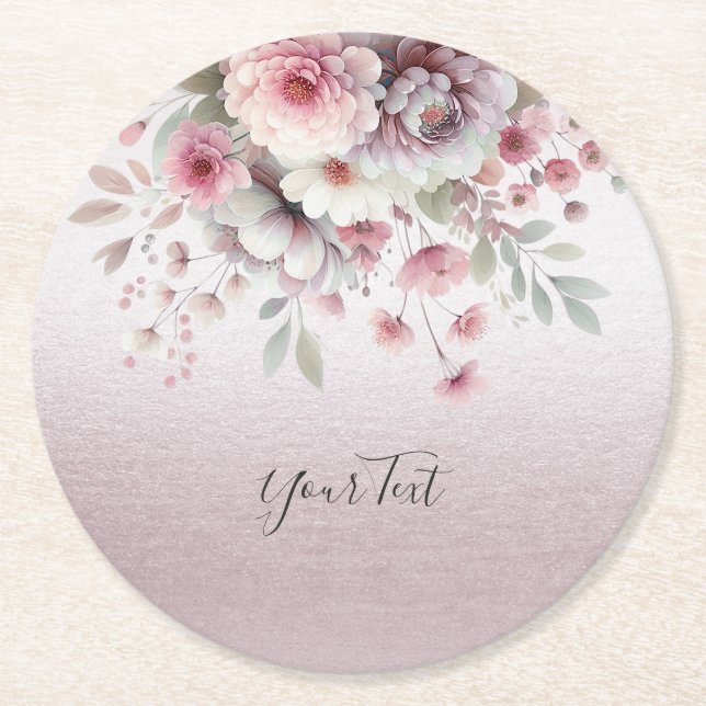 Modern Pink White Floral Paper Coaster (Front)