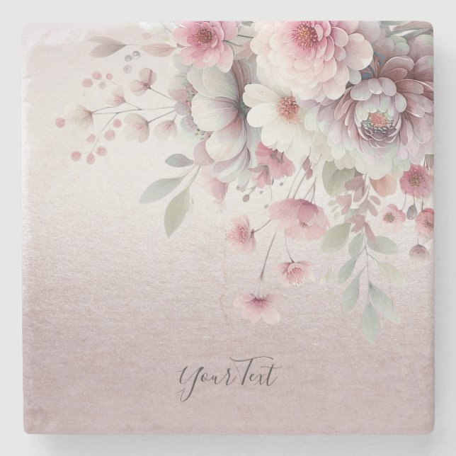Modern Pink White Floral Stone Coaster (Front)