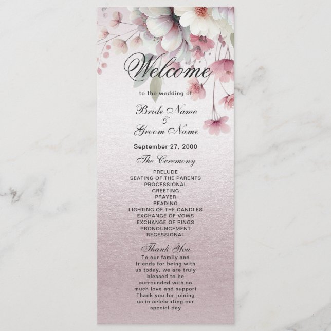 Modern Pink White Floral Wedding Program Programme (Front)