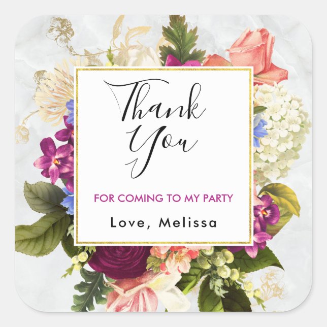 Modern Pink & White Florals Party Thank You Square Sticker (Front)