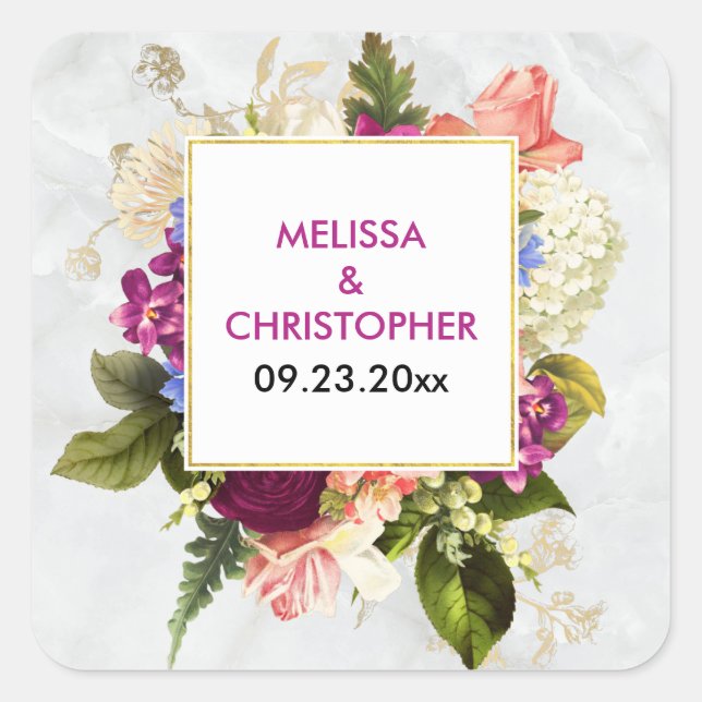 Modern Pink & White Florals Wedding Square Sticker (Front)