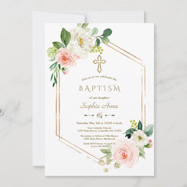 Modern Pink White Flowers Bloom Gold Cross Baptism Invitation (Front)