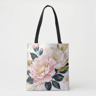 Modern Pink & White Flowers Green & Gold Foliage  Tote Bag