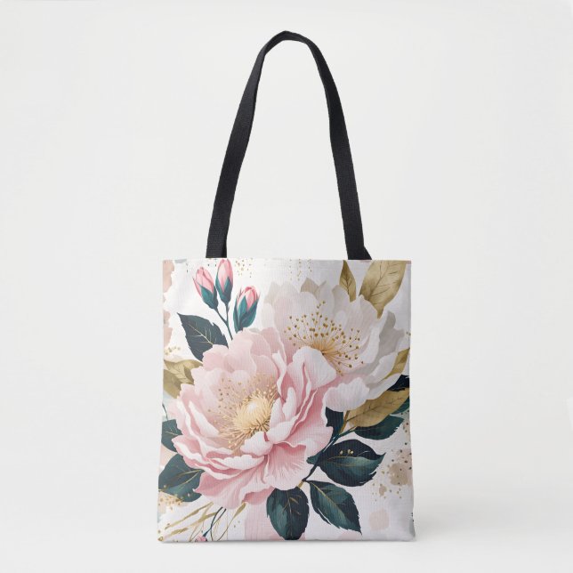 Modern Pink & White Flowers Green & Gold Foliage  Tote Bag (Front)
