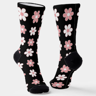 Modern Pink & White Flowers on Black Socks
