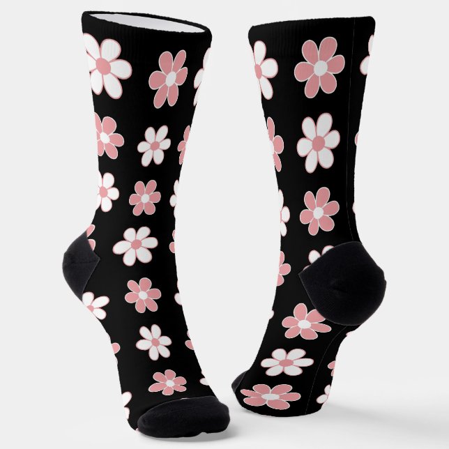 Modern Pink & White Flowers on Black Socks (Angled)