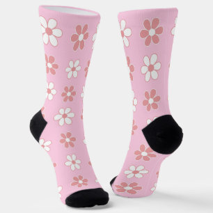 Modern Pink & White Flowers on Light Pink Socks