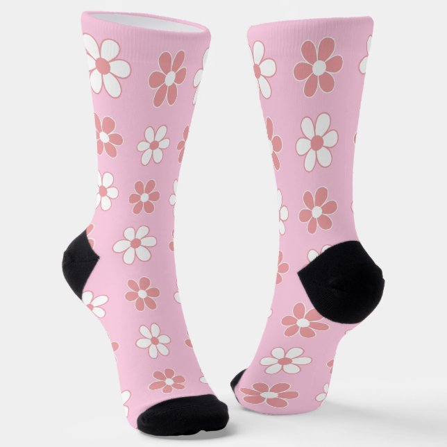 Modern Pink & White Flowers on Light Pink Socks (Angled)