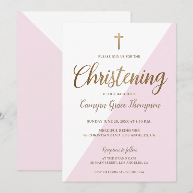 Modern Pink White Gold Christening baby Girl Invitation (Front/Back)