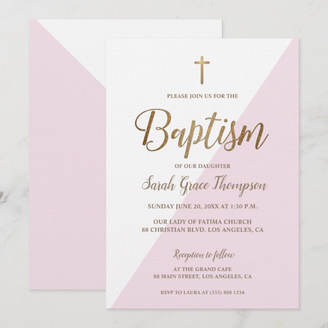 Modern Pink White Gold cross Baby Girl Baptism Invitation (Front/Back)