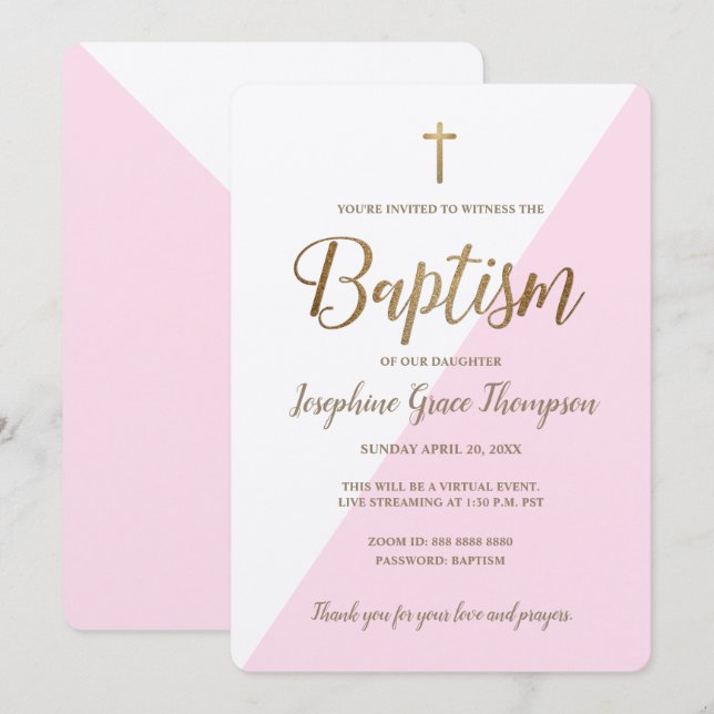 Modern Pink White Gold Cross Virtual Baptism Invitation (Front/Back)