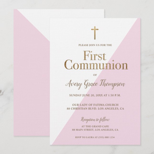 Modern Pink White Gold first communion girl Invitation (Front/Back)