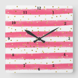 Modern Pink, White, Gold Stripes, Confetti Clock