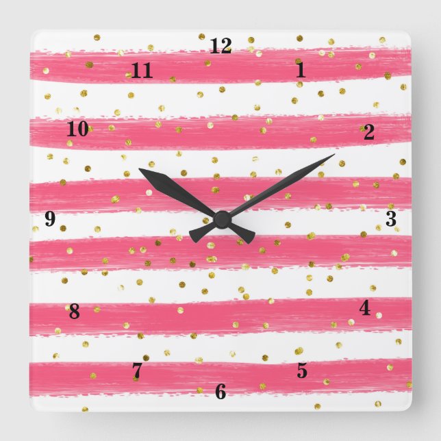 Modern Pink, White, Gold Stripes, Confetti Clock (Front)