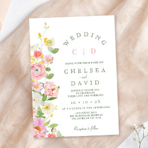 Modern Pink White Monogram Floral Wedding Invitation