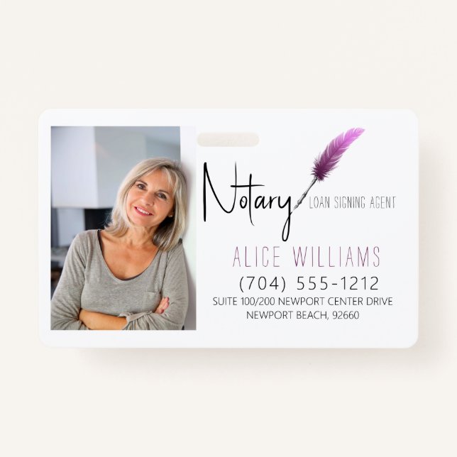 Modern Pink & White Notary Photo Business ID Badge (Front)
