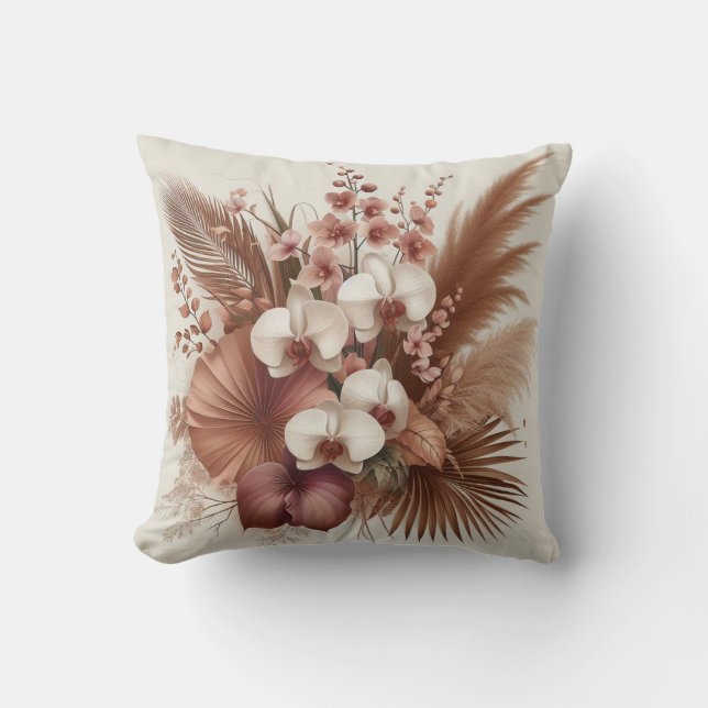 Modern pink white orchid flower & tropical leaves  cushion (Front)