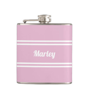 Modern Pink & White Personalised Name Golf Gift Hip Flask