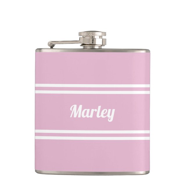Modern Pink & White Personalized Name Golf Gift Hip Flask (Front)