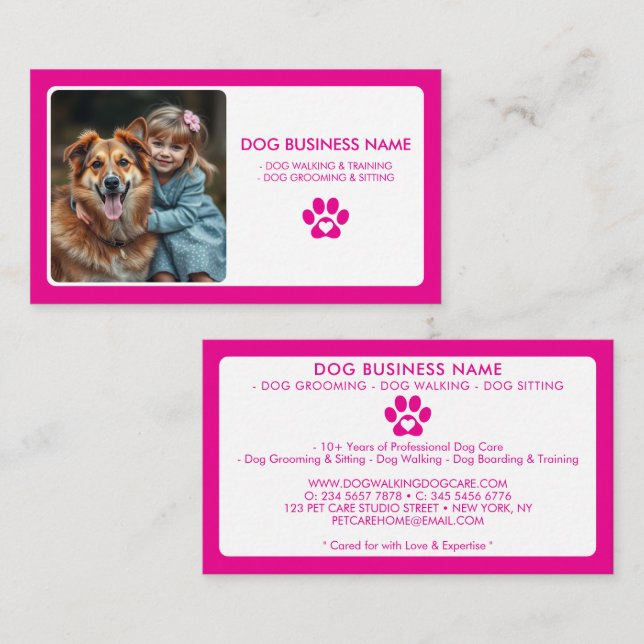 Modern Pink White Pet Sitting Photo Paw Print Business Card (Front/Back)