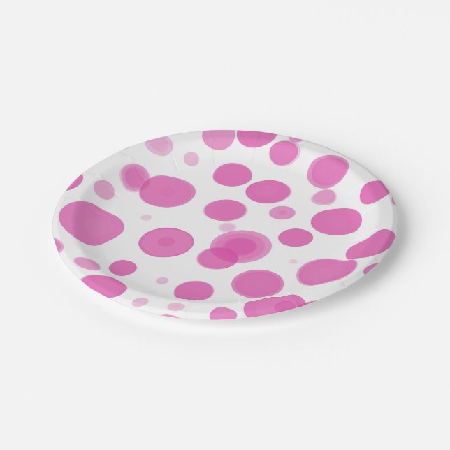 Modern Pink & White Polka Dot Bubbles Party Paper Plate (Angled)