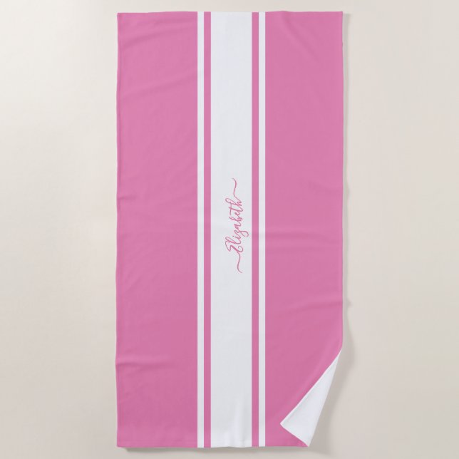 Modern Pink White Racing Stripes Monogrammed Pool Beach Towel (Front)