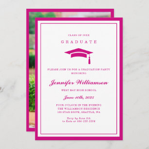 Modern Pink & White Script Graduation Photo Invitation