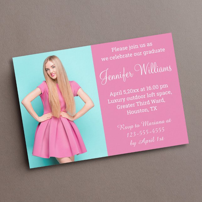 modern pink white script stylish photo Graduation  Invitation (Creator Uploaded)