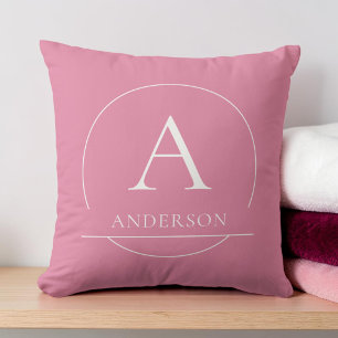 Modern Pink White Simple Family Name Monogram Cushion