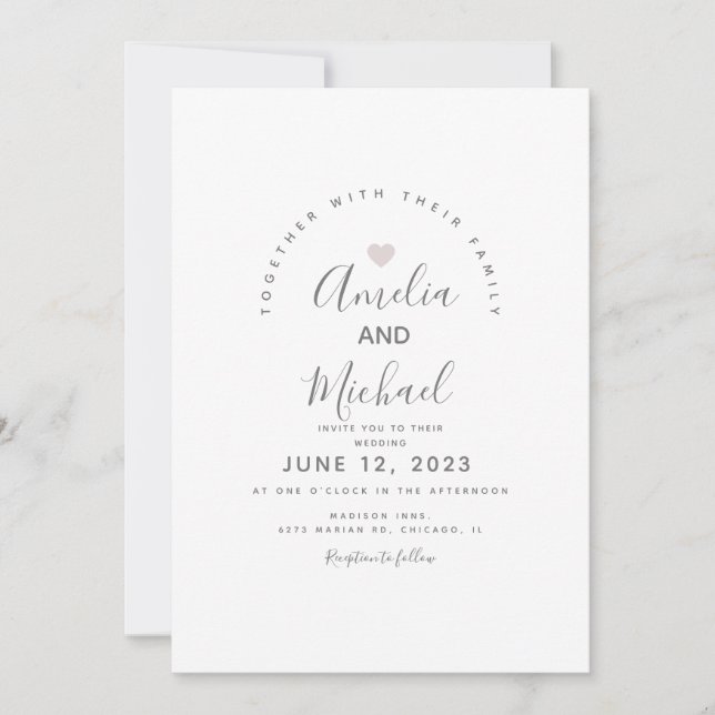 Modern Pink White Simple Heart Wedding Invitation (Front)