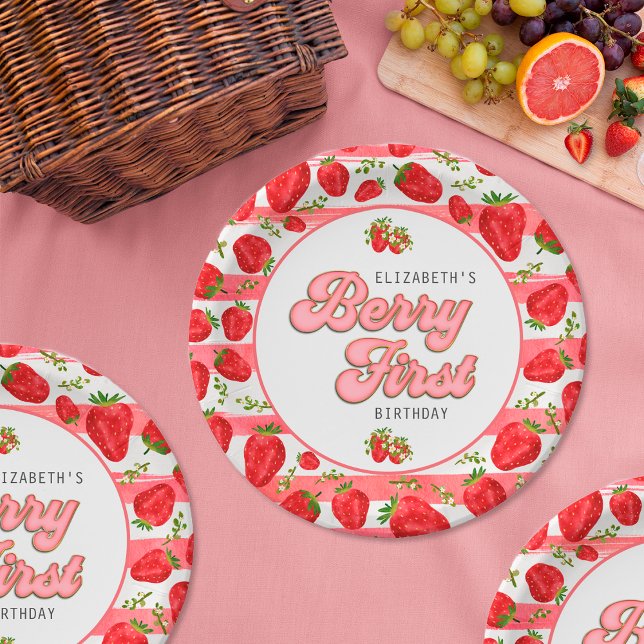 Modern Pink White Strawberry Birthday Berry First Paper Plate (Creator Uploaded)
