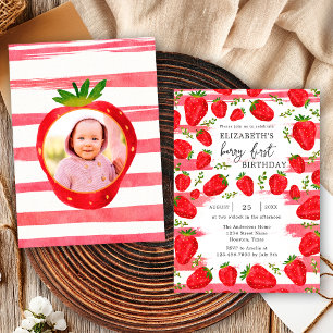 Modern Pink White Strawberry Custom Birthday Photo Invitation
