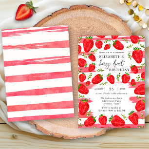 Modern Pink White Stripes Strawberry 1st Birthday Invitation