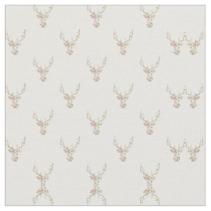 Modern Pink White Vintage  Floral Deer Head Fabric