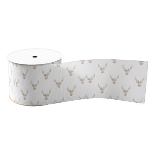 Modern Pink White Vintage  Floral Deer Head Grosgrain Ribbon
